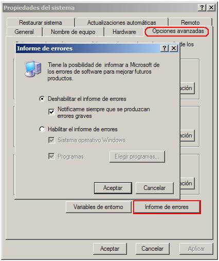 desactivando informe de error en windows xp