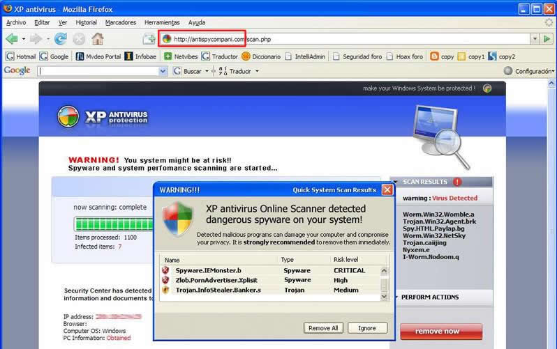 pagina de falso antivirus