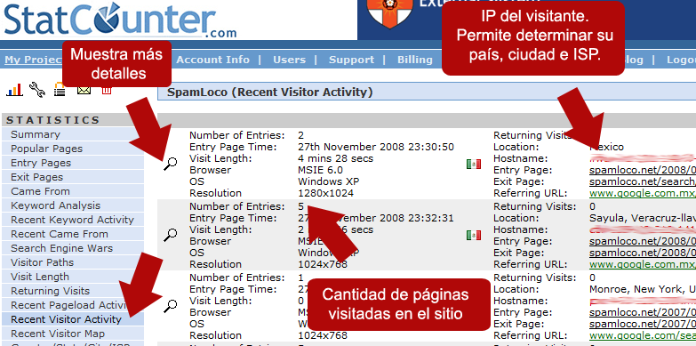 actividad visitantes en statcounter