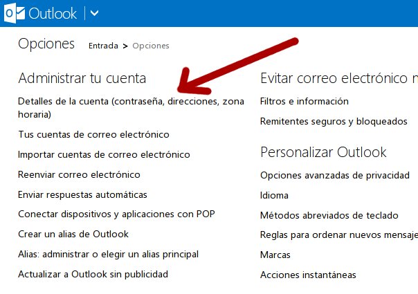 cambio de contraseña en correo de outlook