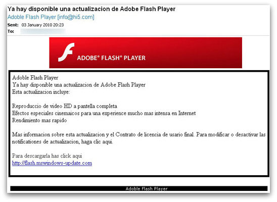 correo falso de adobe flash