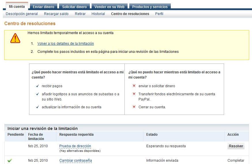 panel paypal con cuenta limitada