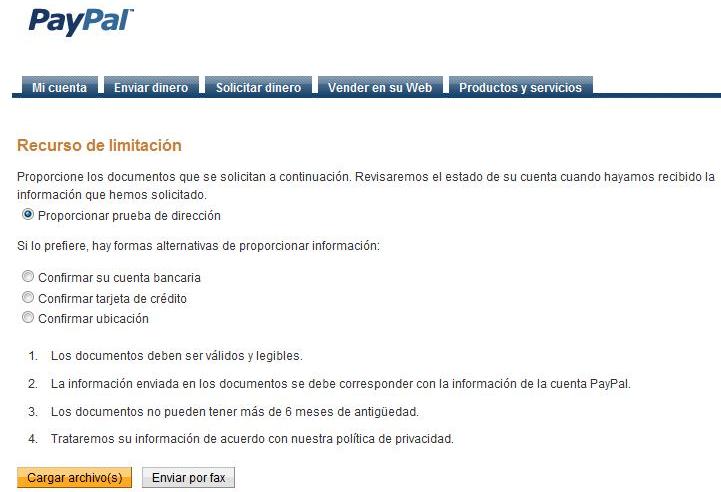 cuenta limitada en paypal panel de administracion