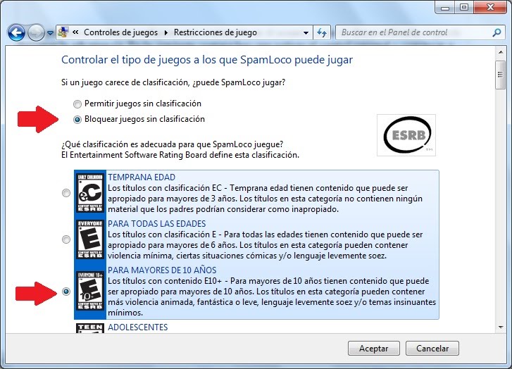 bloqueando juegos en el control parental