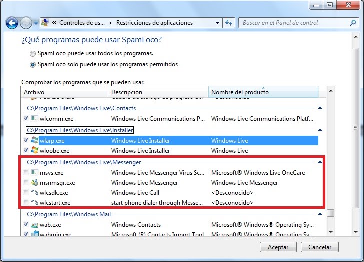 bloqueando programas en control parental de windows