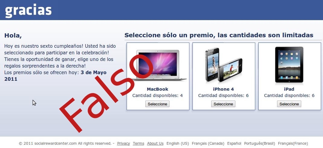 pagina falsa que simula a facebook