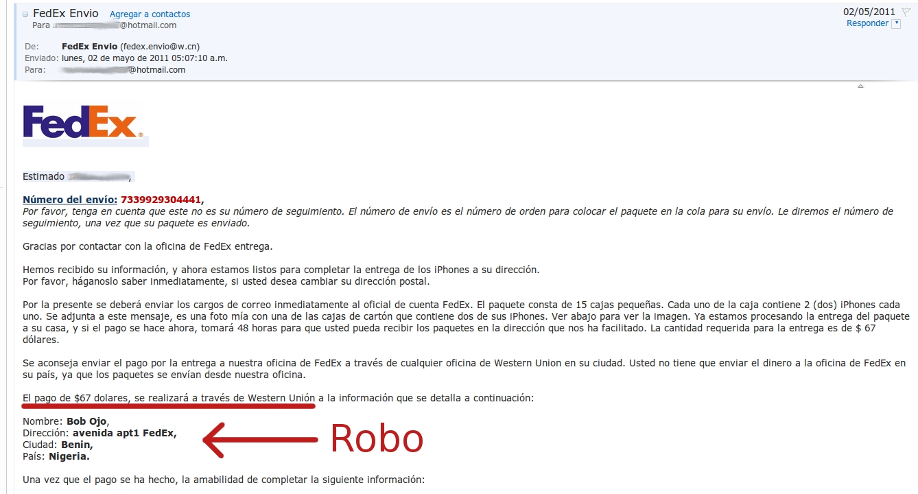 correo falso fedex estafa nigeriana