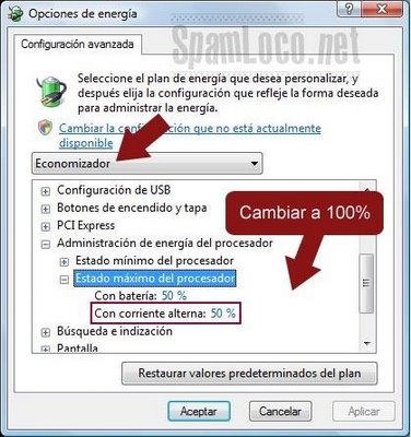 Energía plan windows vista