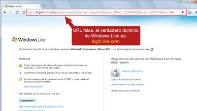 Sitio falso Hotmail