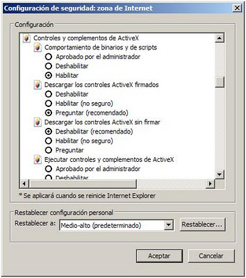 nivel de seguridad del activex