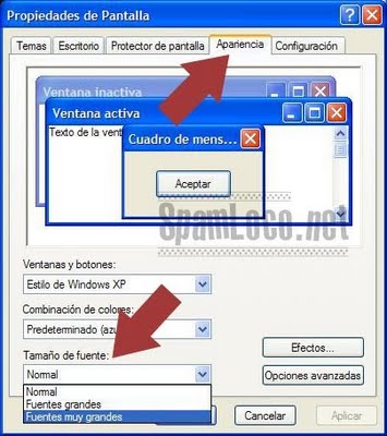 tamano fuentes xp