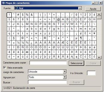 mapa carateres de windows