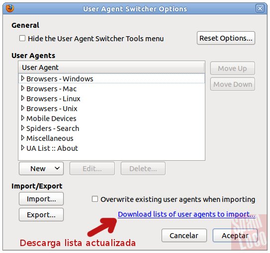 opciones de User Agent Switcher descargar lista