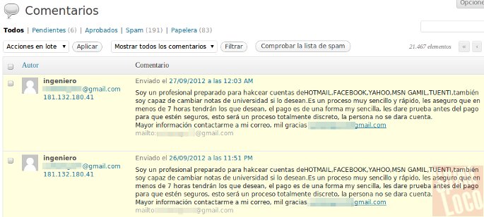 comentarios dejados en el blog