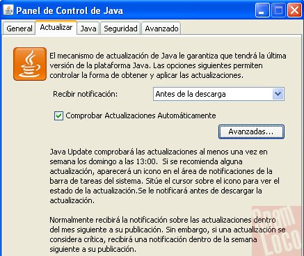 actualizacion de java en panel de control