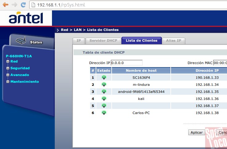 clientes dhcp en el panel del router