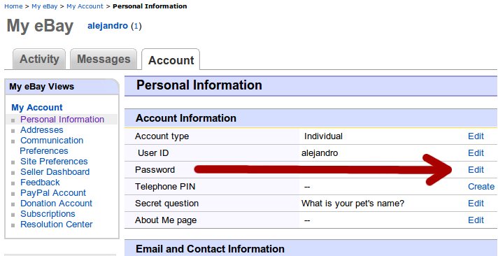 cambio contraseña de ebay