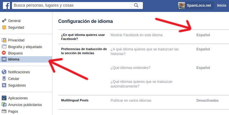 cambiar idioma de facebook