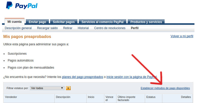 establecer metodo de pago en paypal