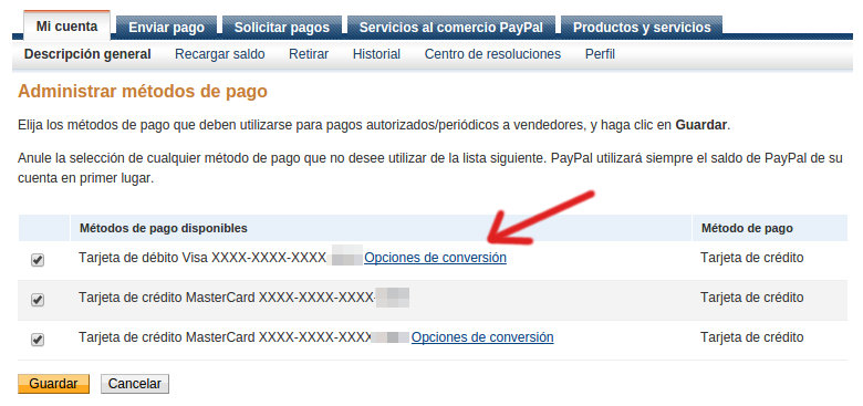 opciones de conversion en paypal