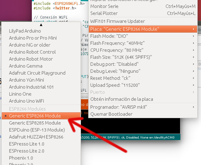 tarjeta esp8266 en IDE de arduino